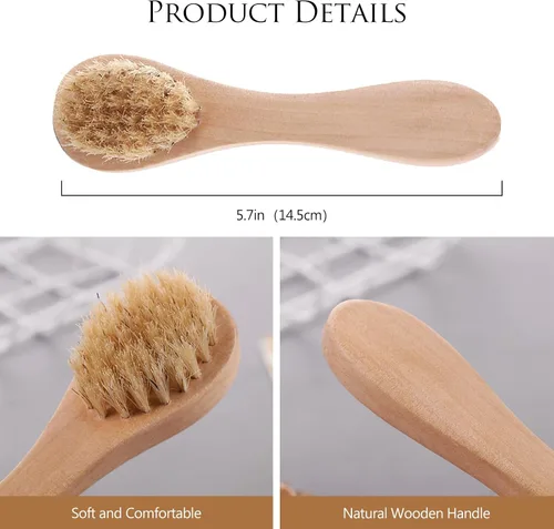 Vista 6 de Paquete de 2 mini cepillo seco, cepillo de cerdas naturales para cuerpo pequeño, cepillo exfoliante de limpieza facial para piel suave y otras áreas