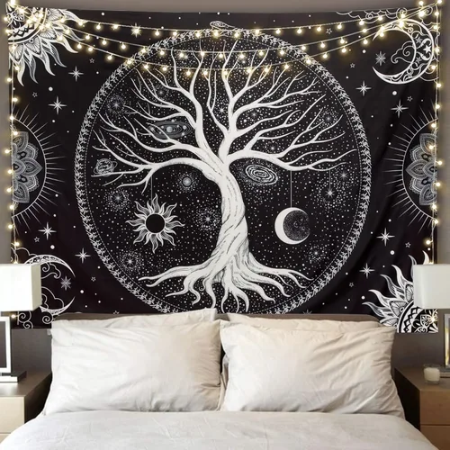 Vista 7 de Tapiz para dormitorio, estético, árbol de la vida, con luz negra, reactivo a los rayos UV, tapiz psicodélico, colorido tapiz de pared, sol, luna