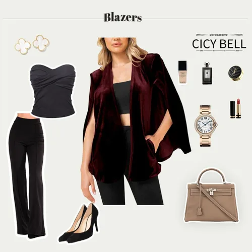Vista 5 de Cicy Bell Chaqueta tipo blazer de terciopelo para mujer, estilo casual, con abertura frontal, manga larga