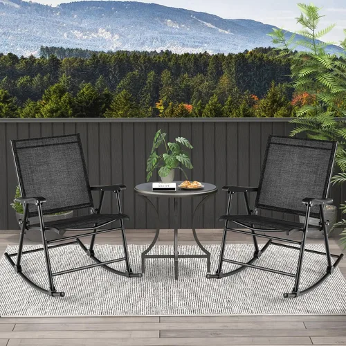 Vista 4 de Tangkula Juego de 2 mecedoras plegables para patio con tela de asiento transpirable y marco de metal resistente, movimiento mecedor suave, balancín
