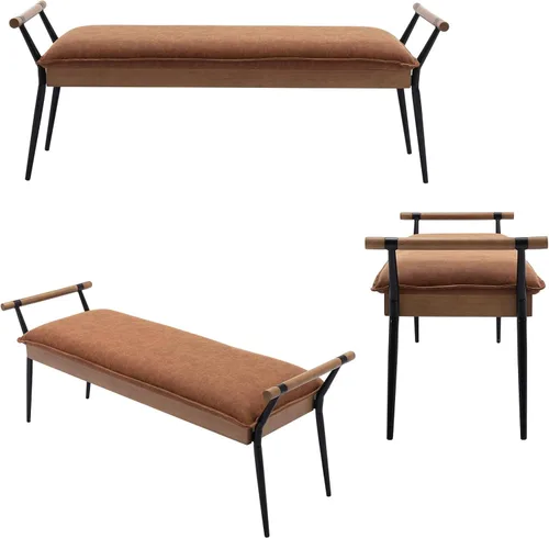 Vista 3 de DUOMAY Banco Otomano Rectangular Moderno con Brazos y Patas de Metal, Banco de Mesa de Comedor de PU de Mediados de Siglo, Reposapiés, Banco