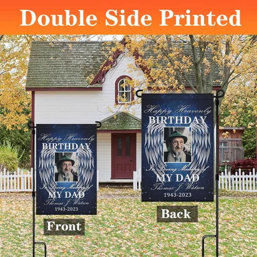 Vista 2 de Bandera conmemorativa personalizada para jardín con nombre de foto, fecha para patio al aire libre, decoración de cementerio para tumba, doble cara