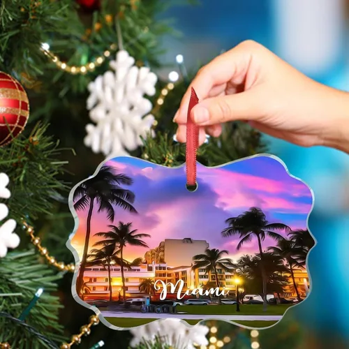 Vista 5 de Florida USA - Adornos de Navidad acrílicos de Miami, paisaje urbano, decoraciones de Navidad para árbol de viaje, recuerdo, adornos de Navidad