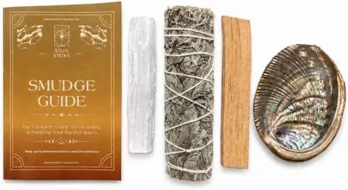 Vista 9 de SOUL STICKS El mini kit de manchas para principiantes incluye varita de selenita de concha de abulón 3-4 de salvia blanca y palo santo con guía