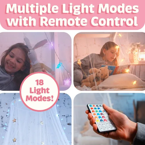 Vista 6 de Bollepo Toldo de cama de arcoíris y LED para niñas con estrellas brillantes – Decoración de habitación de red de cuna de princesa Cortinas de cama