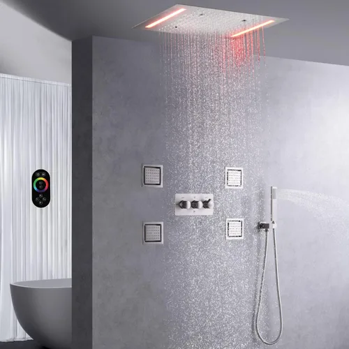 Vista 4 de Juego de sistema de ducha de lluvia de lujo, montado en techo, 14 x 20 pulgadas, grifo rectangular de ducha de lluvia con control LED, spa, baño