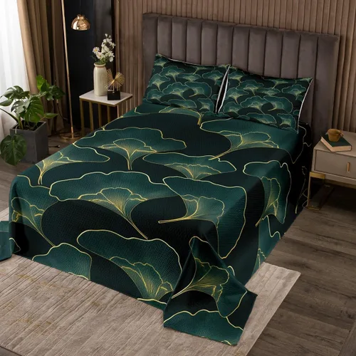 Vista 5 de Erosebridal Colcha de hojas de ginkgo azul y marrón con hojas de ginkgo biloba acolchada para niños y niños, juego de colcha botánica individual
