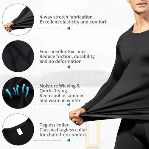 Vista 3 de Camisas de compresión para hombre, manga larga, capa base, secado rápido, camisetas de entrenamiento para deportes y correr