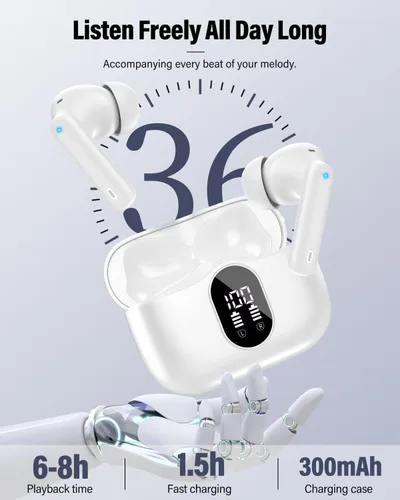 Vista 5 de Auriculares inalámbricos, Bluetooth 5.4 Auriculares estéreo y llamadas claras, color blanco Ear Buds with Noise Cancelling Mic LED Display in Ear
