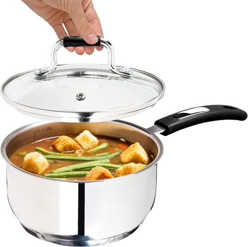 Vista 17 de Millvado Sartén de acero inoxidable de 1.7 cuartos de galón con tapa de vidrio transparente y marcas de medición permanentes, olla de ebullición
