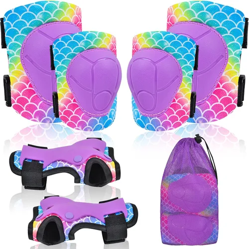 Vista 10 de Rodilleras para niños, juego de equipo de protección ajustable con bolsa de malla, rodilleras y coderas, protector de muñeca para niñas, patines