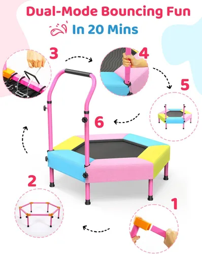 Vista 9 de Twinkoo Trampolín para niños con mango de espuma, marco antiinclinación y cubierta de resorte acolchada gruesa, mini trampolín para interiores