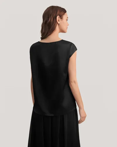 Vista 2 de LilySilk Blusa de seda para mujer, de manga corta, para verano, fresca, cómoda, Charmeuse Negro