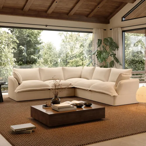 Vista 40 de Sofá modular de mezcla de lino para sala de estar, cómodo sofá modular con relleno de plumón, moderno sofá cama convertible con asiento profundo Café