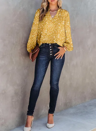 Vista 4 de Dokotoo - Camisetas de gasa para mujer, manga larga con fruncidos, cuello en V, estampado floral, blusa tipo Alicia, estilo informal y bohemio