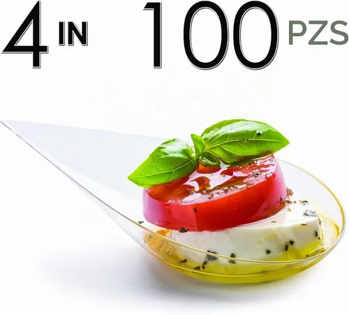 Vista 7 de DLux 100 mini platos para aperitivos en forma de lágrima de 4 pulgadas, cucharas de plástico transparente reutilizables - platos para postres