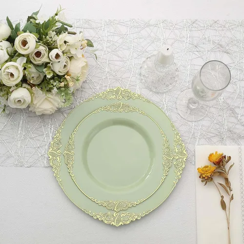 Vista 5 de Tableclothsfactory Paquete de 10 platos redondos de plástico barroco verde salvia/dorado de 8 pulgadas para ensalada de postre, vajilla desechable