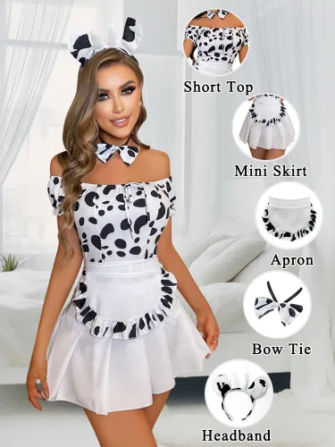 Vista 5 de Womens Sexy Anime Cow Cosplay Costume 5 Pack Lolita Kawaii Milk Leopard Ruffle Top and Mini Skirt Maid Outfit for Women