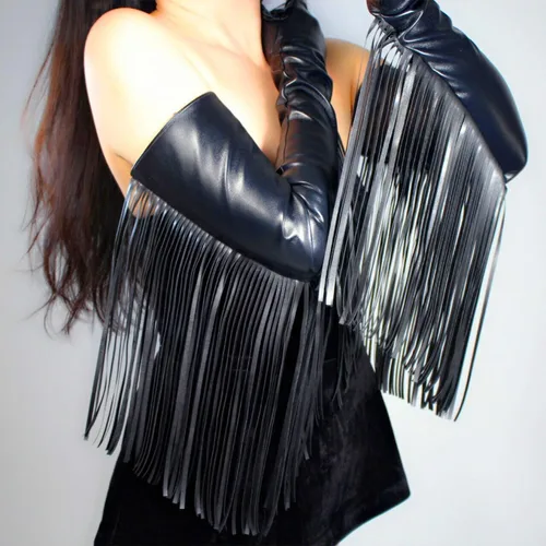Vista 5 de DooWay Guantes largos con flecos para mujer, de piel sintética, con borlas, de 28 pulgadas, disfraz de ópera de Halloween