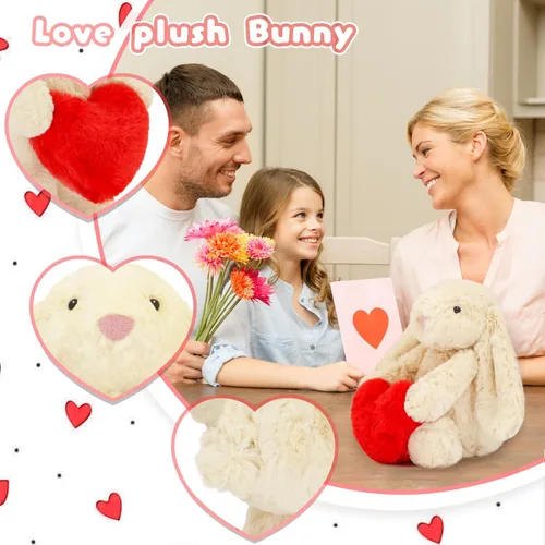 Vista 6 de Animal de peluche de conejo, adorable conejo suave con corazón de sujeción para el día de San Valentín, dulce regalo romántico de cumpleaños