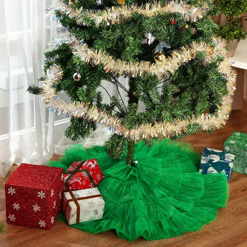 Vista 7 de Tatuo Falda de árbol de Navidad con volantes de 4 capas de tul redonda esponjosa y brillante, adorno para decoración de Navidad y vacaciones