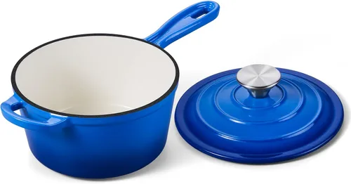 Vista 34 de Onader Sartén de hierro fundido esmaltado, cacerola pequeña de 1 cuarto de galón con tapa, olla de hierro fundido, horno holandés esmaltado, Blanco