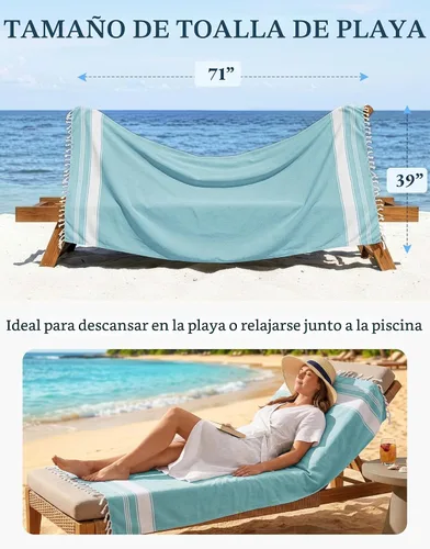 Vista 4 de LANE LINEN - Paquete de 4 toallas de playa de gran tamaño, toalla de piscina prelavada, extragrande, de secado rápido y sin arena, toalla de viaje