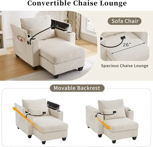 Vista 8 de ERYE Tumbona versátil de 37.4 pulgadas, sofá convertible flexible con brazos de almacenamiento, puertos USB y portavasos, tumbona reclinable