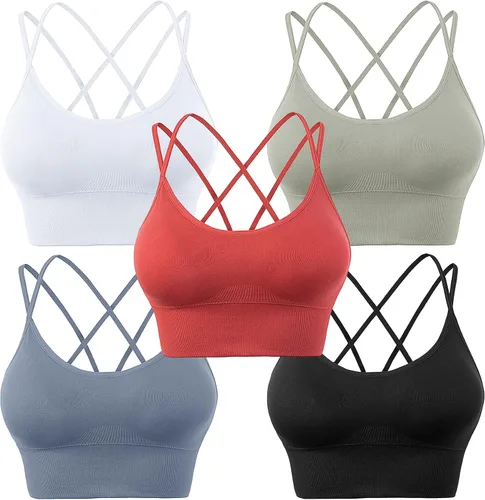 Vista 7 de Padded Sports Bras for Women Strappy Cross Back Yoga Bras Pack for Workout Fitness Running Gym Low Impact Top
