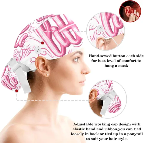 Vista 3 de Working Cap with Buttons Sweatband Ribbon Tie Back Bouffant Hats, Pink Cartoon Snowman Christmas