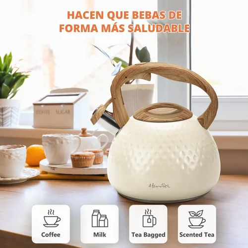 Vista 5 de Tetera de Harriet para estufa, tetera de 2.5QT con silbato de 5 capas en la parte inferior, tetera de acero inoxidable de grado alimenticio
