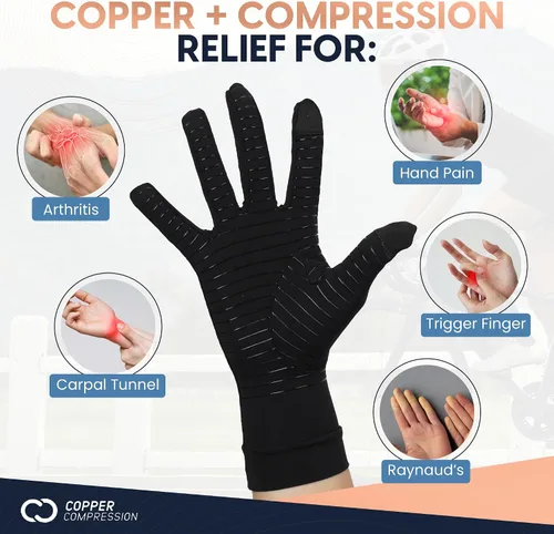 Vista 5 de Copper Compression Guantes de dedo completo para artritis - Agarres de palma - Puntas de pantalla táctil - Soporte de compresión para túnel