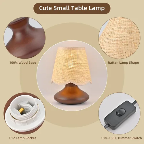 Vista 5 de TAKEGO Pequeña lámpara de mesa con base de madera, lámpara con pantalla de ratán mini para mesita de noche, lámpara de estilo granja vintage, mini