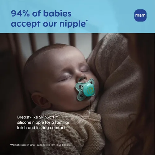 Vista 5 de MAM Chupetes Originales de Día y Noche, Chupete Binky de 0 a 6 Meses, Silicona Sin BPA, Brilla en la Oscuridad, Mejor para Bebés Recién Nacidos