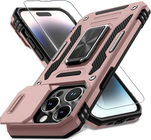 Vista 331 de DEERLAMN Funda para iPhone Xs Max con funda deslizante para cámara + protector de pantalla, soporte giratorio de anillo de grado militar a prueba