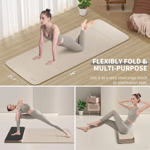 Vista 3 de Esterilla de yoga plegable extra grande de 74 x 31.5 pulgadas, 0.315 pulgadas, de doble cara, antideslizante, ligera, para hombre y mujer, portátil