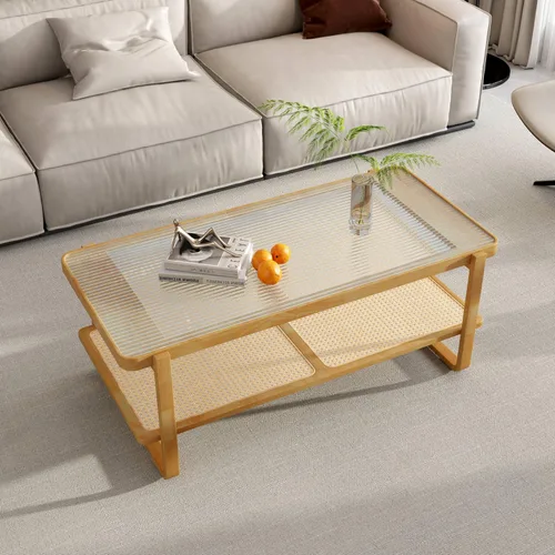 Vista 9 de TesNus Mesa de centro de madera maciza, moderna mesa de centro de ratán con estante de almacenamiento de 2 niveles, mesa de centro rectangular