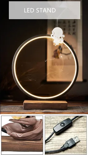 Vista 2 de Quemador de incienso de loto de cerámica, cascada, varillas de incienso chino, soporte para quemador con luz LED, conos de incienso para decoración