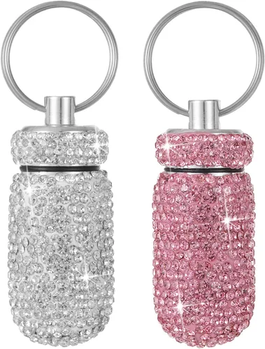 Vista 10 de Pastillero de viaje portátil con diamantes de imitación, impermeable, pequeño pastillero con llavero, bonita caja de almacenamiento de pastillas