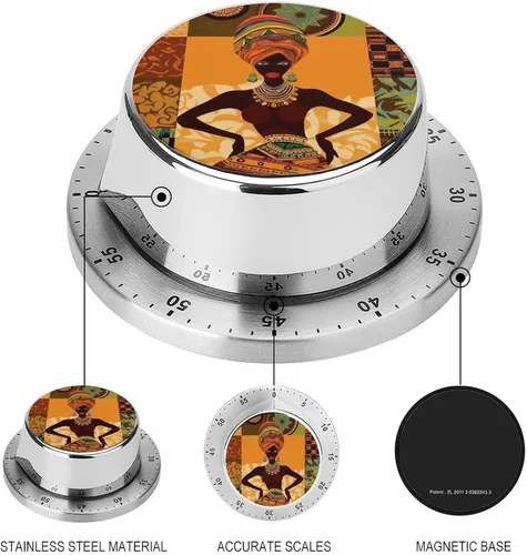 Vista 3 de African Woman Kitchen Timer 60 Minute Visual Wind Up Timer Indoor Mechanical Timers with Magnetic Base Stainless Steel Timers for Home Cooking Time