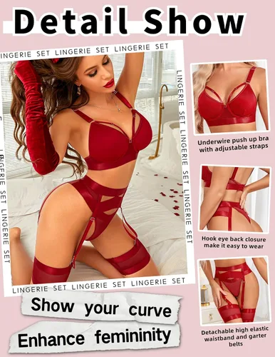Vista 4 de Avidlove Lencería sexy para mujer con tiras con aros push up de 5 piezas con liga