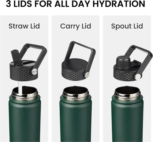 Vista 4 de Konokyo - Botella de agua aislada de 18 onzas, botellas deportivas de acero inoxidable con 3 tapas, verde militar