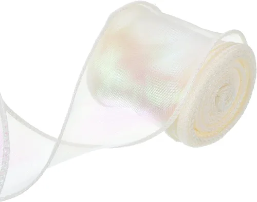Vista 82 de MECCANIXITY - Cinta de organza con cable de 1 1/2" de ancho, brillante, transparente, con brillo irisado en tonos pastel, cinta de gasa para Beige