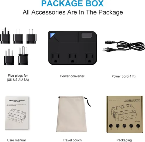 Vista 4 de Convertidor de viaje universal de 100 V-220 V, convertidor de voltaje de 250 W con 2 puertos de carga USB y 2 puertos de carga USB-C y 3 enchufes