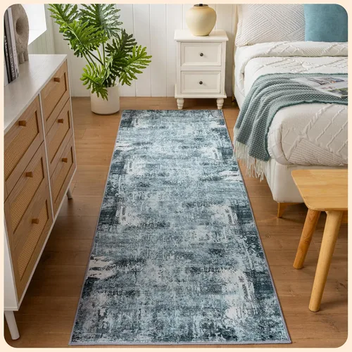 Vista 333 de Istana Alfombra larga antideslizante de 2.5 x 8 para el hogar, para pasillo y cocina, lavable, sedosa y suave al tacto, elegante, color azul y marfil
