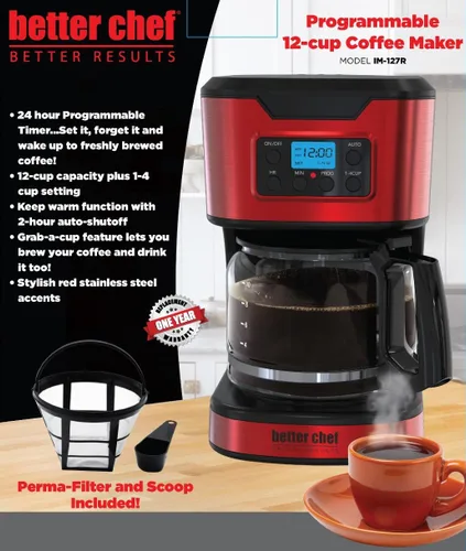 Vista 2 de Better Chef Cafetera programable de 12 tazas Ajuste de 1-4 tazas Pausa automática para servir 2 horas de mantenimiento del calor Filtro