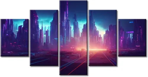 Vista 13 de Cuadros de 5 paneles de Cyberpunk City, arte de pared, representación de vallas publicitarias, edificios modernos en la capital con obras de arte