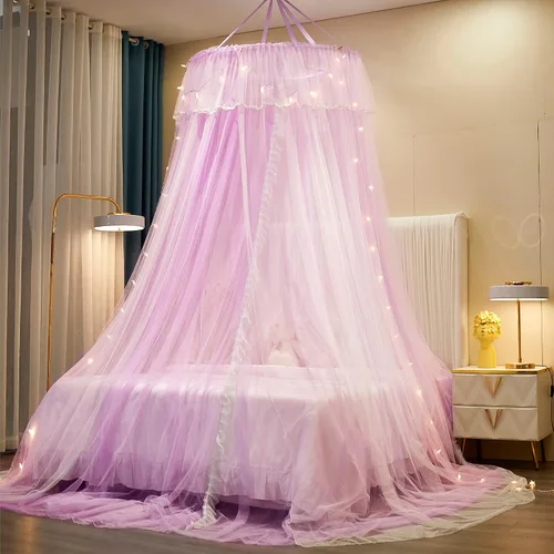 Vista 12 de VETHIN - Dosel de cama de princesa para niñas, cortina de dosel de cama de doble capa con malla transparente, mosquitero de princesa con encaje