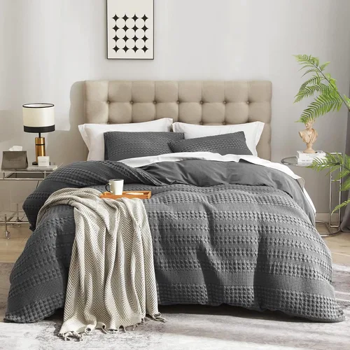 Vista 7 de Ivellow Juego de funda de edredón de tejido gofre - 100% algodón, tamaño Queen, gris texturizado, acogedor, suave, transpirable, funda de edredón