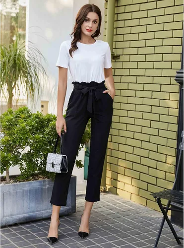 Vista 2 de KANCY KOLE - Pantalones paper bag de cintura alta y con bolsillos para mujer, con lazo, estilo casual, pantalones hasta el tobillo de la talla S a